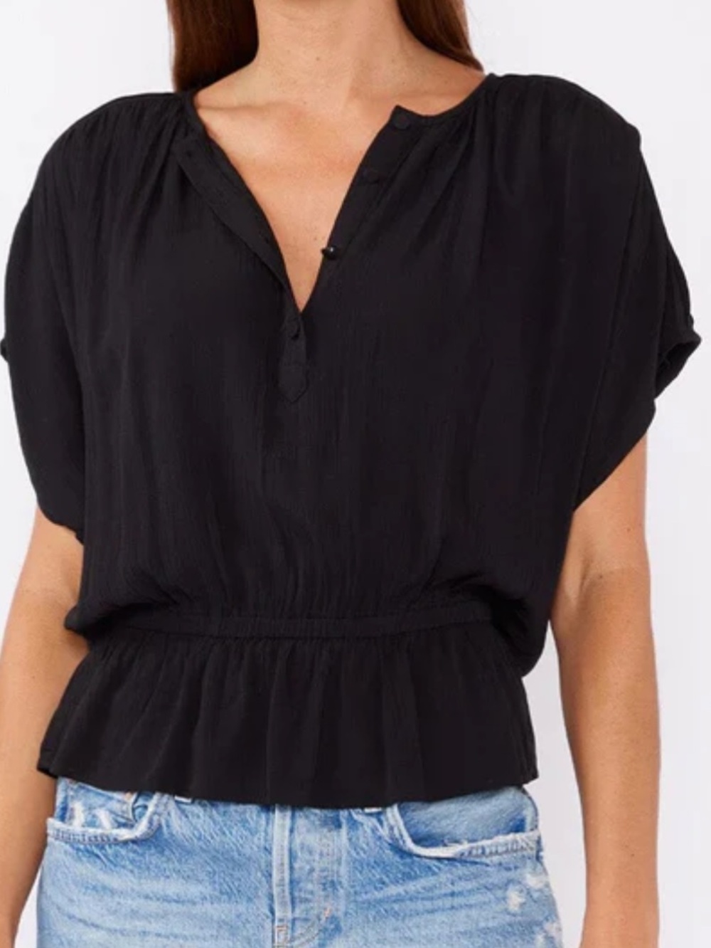 Love Stitch Black Smocked Waist Short Sleeve Blouse